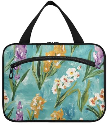 Yoogain blommor hyacinter ros lilja turkos hängande kit för resor med krok, designer söta rakkit väskor för män för kvinnor måste ha rese-kit de para mujer L, Blommiga hyacinter ros lilja turkos