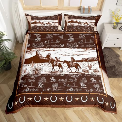 richhome Western Bedding Set King Size Horse Cowboy Bedding Duvet Cover Set For Boys Men Kids Rustic Western Decor Country Wild West Down Comforter Cover Set Brown White Bedspread Cover