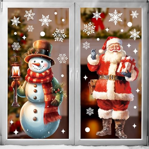 JOFONY Grandes Images de Fenêtre de Noël, Autocollants de Fenêtre Père Noël et Bonhomme de Neige Noël Autocollants, Flocons de Neige Réutilisables Autocollants de Fenêtre Enfants pour Décoration de