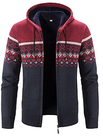 Chaqueta de punto tradicional para hombre - Sudadera con capucha para hombre, suéter noruego, chaqueta con capucha de lana con cremallera, cárdigan de punto acanalado, suéter de punto suave y cómodo