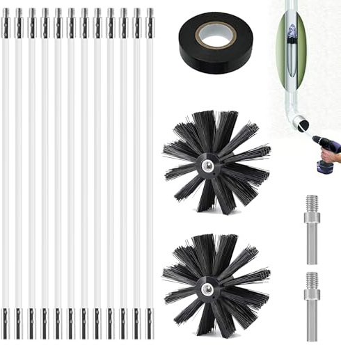 17 st. rengöringsborste-set, skorstensrengöringsborstar-sats innehåller 2 ugnsrörsborste ø 150 mm, 12 flexibla stänger 410 mm, 2 sexkantsstänger, 1 tejp, skorstensborste för avloppsrör, torktumlare