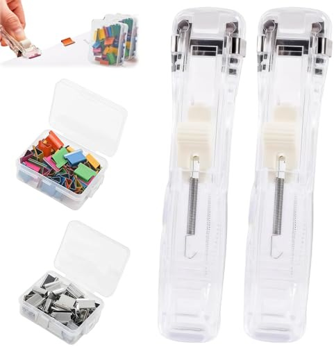 Portable Binder Clip Stapler, Includes 100 Reusable Clips, Handheld Push Stapler for Document Binding, File Organization, Office & School Use, Mini Clip Dispenser (Transparent*2)