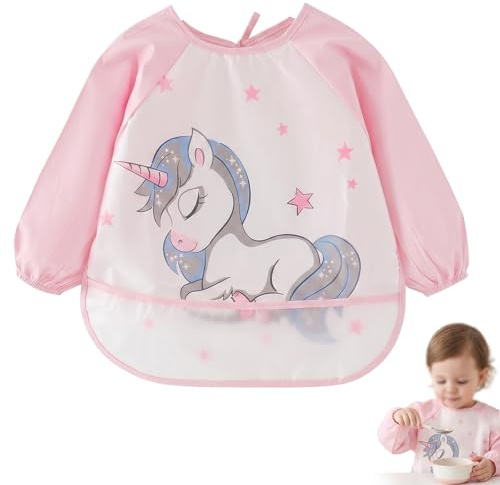 OPVYAEU Set de 2 Delantal Infantil Impermeable con Mangas Largas para Niña 2-8 Años, Bata de Pintura con Bolsillo Frontal, Babi Escolar para Manualidades y Artes, Diseño Unicornio Rosa (110cm)