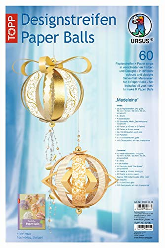 Ursus 23530099 - Designstreifen Paper Balls Madeleine, Material für bis zu 8 Paper Balls, Durchmesser ca. 10 cm, 60 Streifen mit Zubehör, ideal zum Basteln von individuellen Weihnachtskugeln