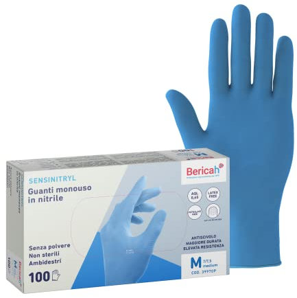 Bericah, Sensinitryl, Guanti in Nitrile, Senza Polvere, Taglia M,100 Pezzi