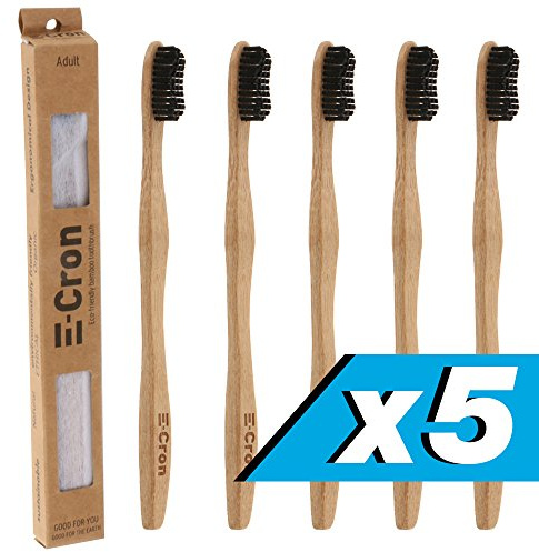 5 x Cepillo de dientes de bambú E-Cron con un mango respetuoso con el medio ambiente (Negro), 100% ecológico y biodegradable. Su cuidado dental natural con el toque cálido y limpio del bambú.