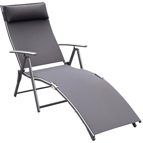 Outsunny Tumbona Plegable Tumbona de Jardín con Respaldo Ajustable en 7 Niveles Almohada y Reposabrazos Carga 165 kg para Piscina Terraza Camping 137x63,5x100,5 cm Gris