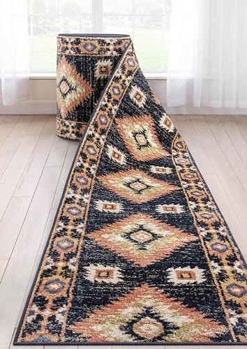 Well Woven Custom Size Hallway Stair Runner - Choose Your Length - Lizette Blue Traditional Medallion 26 Inches Wide x 25 Feet Long Runner (26 x 25' Runner) Carpet