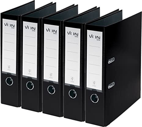 VON Leitz 5er Pack Ordner A4, Karton mit Kunststoffeinband, 80 mm Rückenbreite, Für 600 Blatt, FSC-zertifizierter Karton, Aktenordner, Für Schule, Studium & Zuhause, Schwarz, 10551095