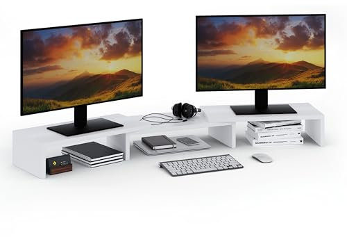 ComfortCove Dual Monitor Stand Riser, Monitorständer, Laptopständer, Schreibtisch-Organisator, Computerständer, 3 Regale, verstellbare Länge, ideal für Ihr Home Office, Weiß