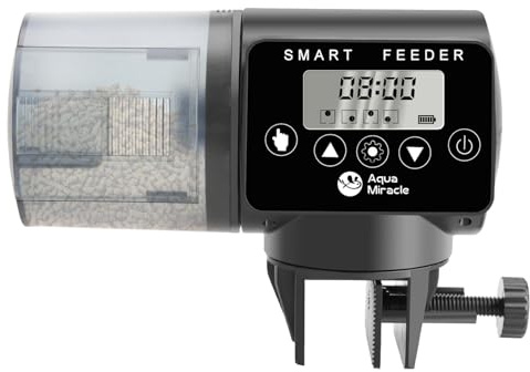 AquaMiracle Programmable Automatic Fish Feeder for Aquarium, Auto Fish Food Dispenser with Timer, Volume Adjustable Vacation Aquarium Feeder with Digital Display, for Granules Pallets Strips