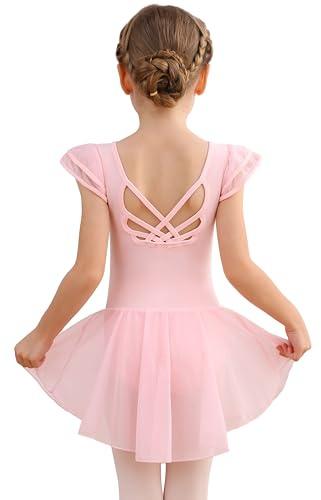 MdnMd Girls Dance Ballet Leotards Dresses for Toddler Ballerina Outfit Skirt Hollow Knot Back Flutter Sleeve (Ballet Pink, 4-6 Years)