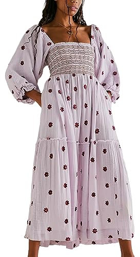 Qianderer Women's Flower Embroidered Maxi Dress Puff Sleeve Square Neck Swing Tiered Bohemian Flowy Dress Beach Long Dress (Ba Purple, S)
