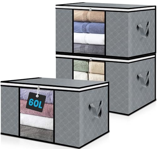 unycos - Cajas para Almacenaje de Ropa x 3【60L】 Bolsas Plegables con Ventana Transparente, Doble Cremallera y Asas Reforzadas, Organizador de Toallas, Edredones, Juguetes | Hasta 12 kg (Grey/Black)