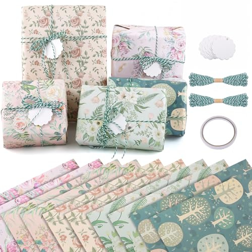 woric Papel de Regalo Vintage Con Flores - 10 Hojas Con Cuerda de Cáñamo y Colgante de Papel Kraft para Bodas, Mujeres, Hombres, Niñas y Niños