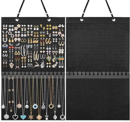 Caffox Hanging Jewelry Holder, Large Earrings Necklaces Organizer Storage for Earrings, Necklaces, Bracelets, Enamel Pins and Ankles, Jewelry Display Storage Hanger for Wall, Closet and Door