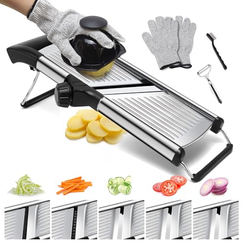 Mandolino, affettaverdure regolabile, mandolino, tritatutto, robot da cucina, con spelucchino, spazzola e guanti antitaglio