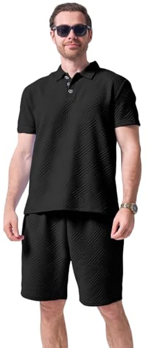 DONYKARRY Men's Tracksuit Polo Shirt & Shorts, Black, L