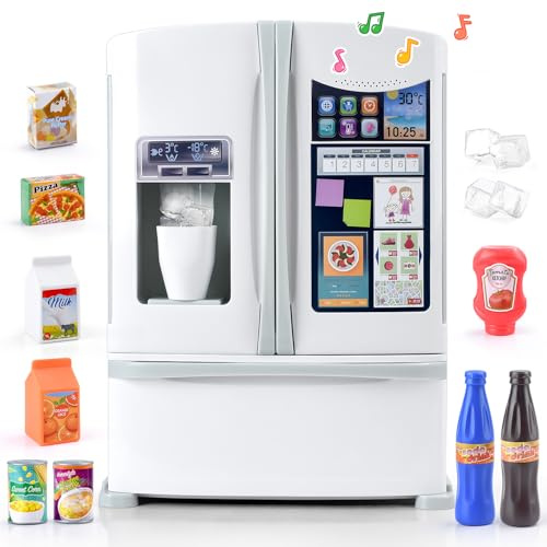PLAY Frigorifero Giocattolo, Accessori Cucina con Frigo Giocattolo, Giocattoli Alimentari, Cubetti di Ghiaccio, Effetti Sonori Realistici, Set di Cucina Giocattolo per Bambini da 3+ Anni - Bianco