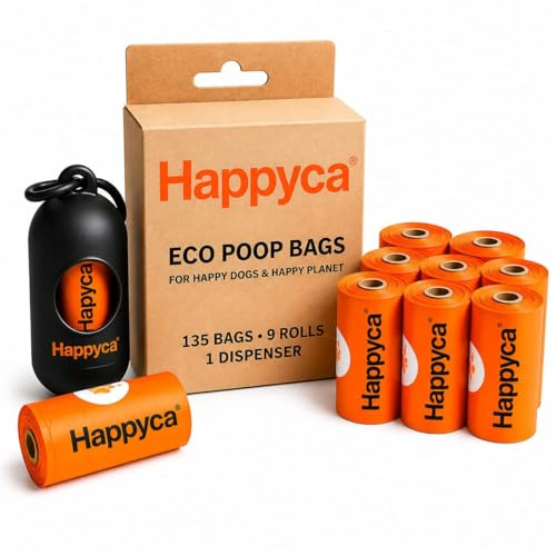 Happyca Bolsas para Heces de Perro Biodegradables, 135 Bolsas Resistentes Antifugas, 9 Rollos con Dispensador y Clip para Correa, Fácil Separación, Premium