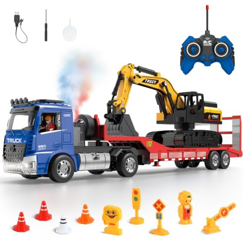 Khcnum RC Semi-Trailer Truck & Friction Powered Excavator Toy Set, 1:24 Scale with Sound and Lights, 6 CH Remote Control Flatbed Truck and Inertia-Powered Excavator Toys for Kids Boys，Blue
