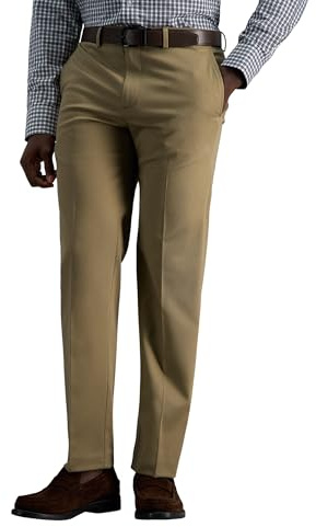 Haggar Men's Classic Fit Flat-Front Hidden Expandable Waistband Premium No Iron Khaki, 40W x 29L - British Khaki