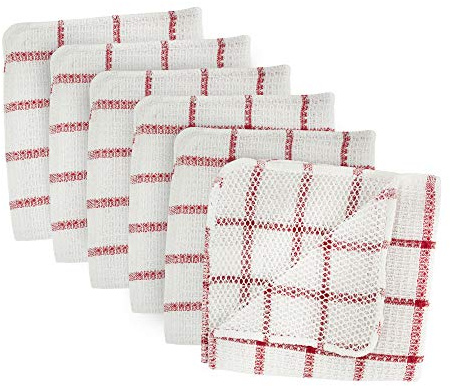 DII Scrubber Dishcloths Collection Windowpane Dishrag Set, 12x12, White/Red Stripe, 6 Piece