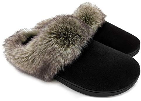 ofoot, mocasín de espuma viscoelástica cálido y cómodo para mujer, pantuflas de gamuza para casa, zapatos de interior, suela de goma antideslizante con cuello de piel sintética (Negro, 37/38 EU)
