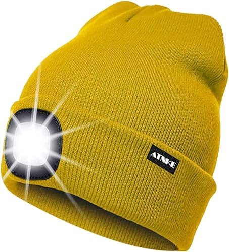 ATNKE LED Beleuchtete Mütze,Wiederaufladbare USB Laufmütze mit Licht Extrem Heller 4 LED Lampe Winter Warme Stirnlampe für Herren und Damen Geschenke/Yellow