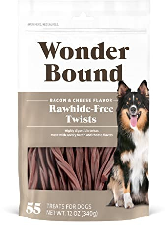 Wonder Bound Bacon & Cheese Flavor Dog Twist Sticks - 55 Count - Rawhide-Free Dog Treats, Dental Health Chews for Plaque & Tartar Control, Easy to Digest, Long-Lasting