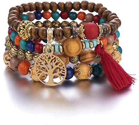 GAUEIOUR Boho Multi-Layer Wooden Beaded Bracelet, Tassel Tree of Life Lady Elastic Bracelet Set (Red Four-Piece Set)