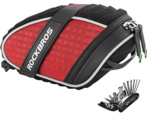 ROCKBROS Fahrrad Satteltaschen Fahrradsitz Taschen Werkzeugtasche Fahrradtasche Wasserabweisend beim Leichten Regen Reflektierend Rot + Werkzeug