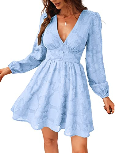 CUPSHE Mini vestido de encaje para mujer Vestido de fiesta con estampado floral de manga larga Vestido ajustado Azul claro A S