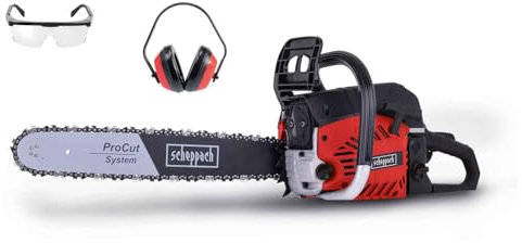 Scheppach Tronçonneuse Thermique CSP530S - 2,7 CV - 2000 W - Tronçonneuse à Essence - Longueur de Guide 51cm - avec Protection auditive, Lunettes de Protection