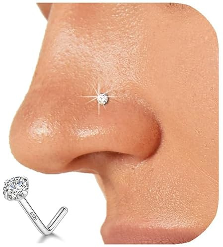 LUCKYJEWUS Sterling Silver Nose Rings Studs for Women Men 18g 20g 22g 24g L Shaped Nose Stud Nose Piercing Jewelry (2mm CZ, 20 gauge)