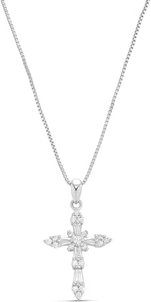 Milla 14K Gold Plated Cross Necklace for Women, Silver Cross Necklaces for Women, 18 inches Chain with Cross Pendant (Silver Baguette Cross)