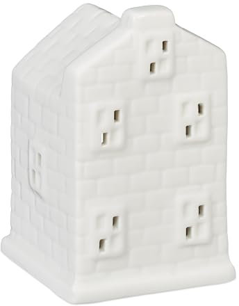 Relaxdays Casetta Portacandele in Ceramica, Casa Luminosa Porta-Tealight, per 1 Candelina, HLP: 11 x 7 x 6,5 cm, Bianco