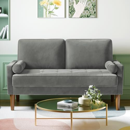 Vesgantti Small 2 Seater Grey Velvet Sofa with Spring Cushion and Wood Legs - Modern Love Seat for Living Room, Bedroom and Office