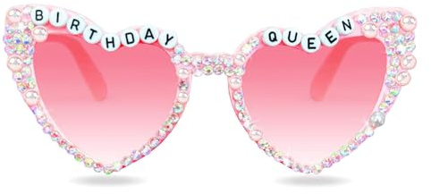 RJFUJP Birthday Glasses, Birthday Party Glasses Birthday Girl Sunglasses Pink Heart Shaped Shiny Bling Diamond Pearl Queen Sunglasses for Women Girl Birthday Party Gift Supplies Accessories Favors