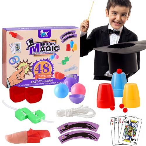 SULOLI Giochi di Magia,48 Trucchi Magici,Kit con Bacchetta Magica e Istruzioni,Giochi di Principianti per Bambini Ragazzi (A)