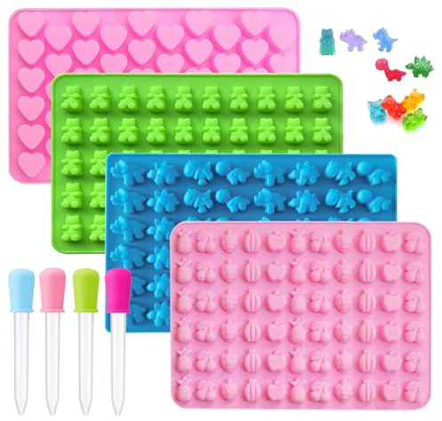 Silicone Gummy Candy Molds, 4Pcs Chocolate Moulds with 4 Droppers | Candy Baking Mold, Including Gummy Bear, Rabbit, Donuts, Heart Shapes for DIY Candy Sweet Jelly