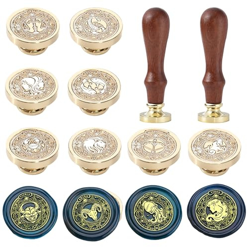 Zodiak vaxförseglingsstämpelkit – 12 st stjärnbilder sigillvaxstämpelset, 30 mm retro mässingstätning med handtag för inbjudningar kuvert (12 stjärnbildsset)