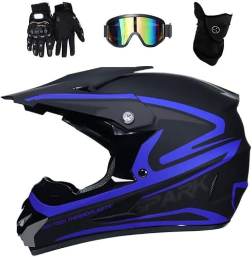 Adulto Casco de Motocross, Cara Completa Casco de Moto con Máscara Guantes Gafas, Fuera de La Carretera Cuesta Abajo Enduro Quad Karting Scooter Chocar Casco(Dark Blue,M(54~55cm))