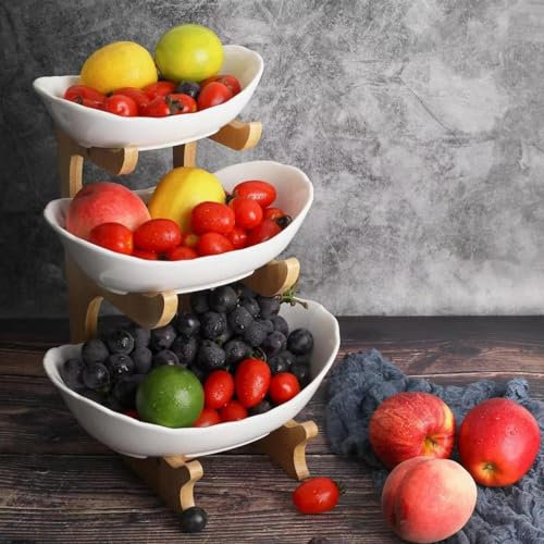 HUOLE Présentoir à Fruits à 3 étages en Céramique avec Support en Bois - Plateaux de Service pour Gâteaux, Desserts - Décoration 14 * 22,5 * 32cm Blanc