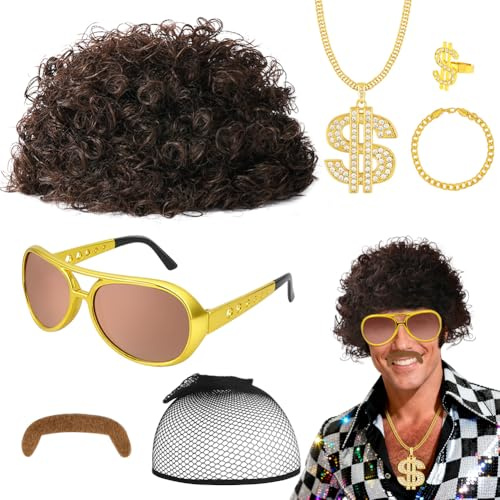 AUYAO Halloween kostym Mullet peruk, 70-talet 80-talet rocker mullet peruker för män, Ryan cosplay-peruk, nattklubbsperuker halloween temafest tillbehör, 7 pezzi