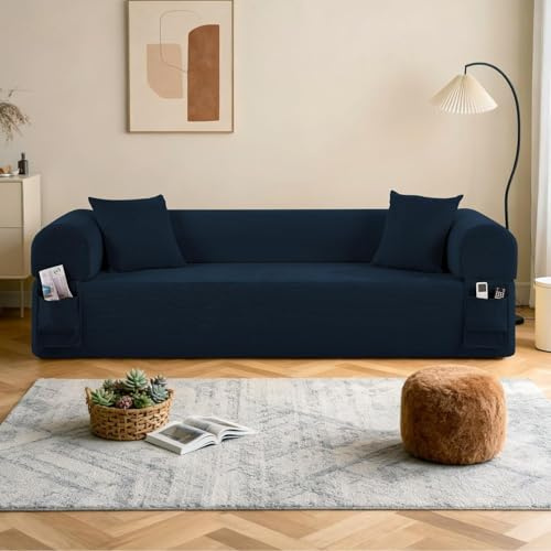 BMMB Sofá moderno de tres plazas (83 pulgadas), sofá de pana sin marco con 2 cojines y 2 pufs, no requiere montaje, adecuado para salón o dormitorio (azul)