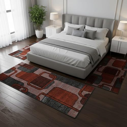 Juego de 3 alfombras para el dormitorio, de polipropileno suave, 1 alfombra para el fondo de la cama de 70 x 140 cm + 2 laterales de 60 x 110 cm, antideslizante, suave y fácil de limpiar, diseño