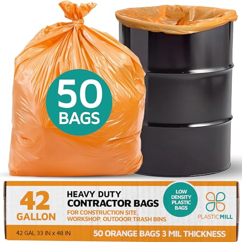 PlasticMill Contractor Bags Heavy Duty - Commercial, Industrial Garbage Bags - Orange Construction Trash Bags - Outdoor, Garden Trash Bags, 42-Gallon, 3 Mil, 33x48 (50-Count)