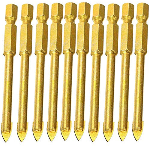 Juego de 10 brocas de carburo de tungsteno con cabeza de lanza de 6 mm, vástago hexagonal de cabeza plana para azulejos de vidrio, espejo, espejo de cerámica, porcelana y mármol