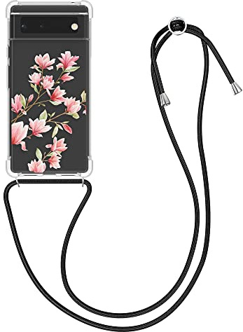kwmobile Necklace Case kompatibel mit Google Pixel 6 Hülle - Silikon Cover mit Handykette - Rosa Weiß Transparent Magnolien